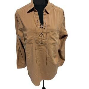 Chico’s Sz 2 M women’s havelock  Boho Safari Lace Up Native Style Top‎ tunic tan